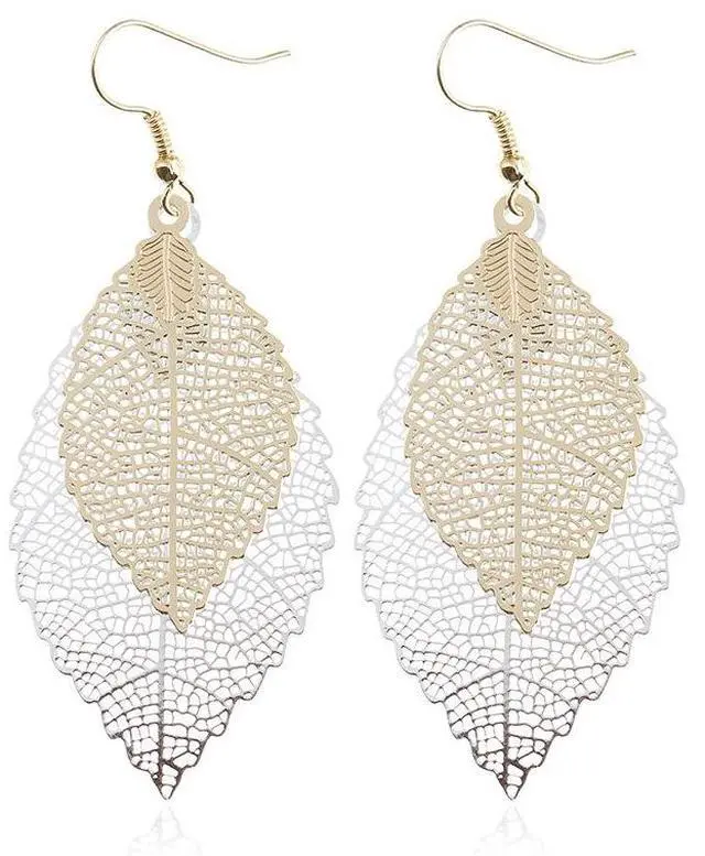 Alt view image 5 of 6 - Double-layered Leaves Tassel Earrings Simple Retro Metal Leaf-ears Ornaments (Gold Silver)