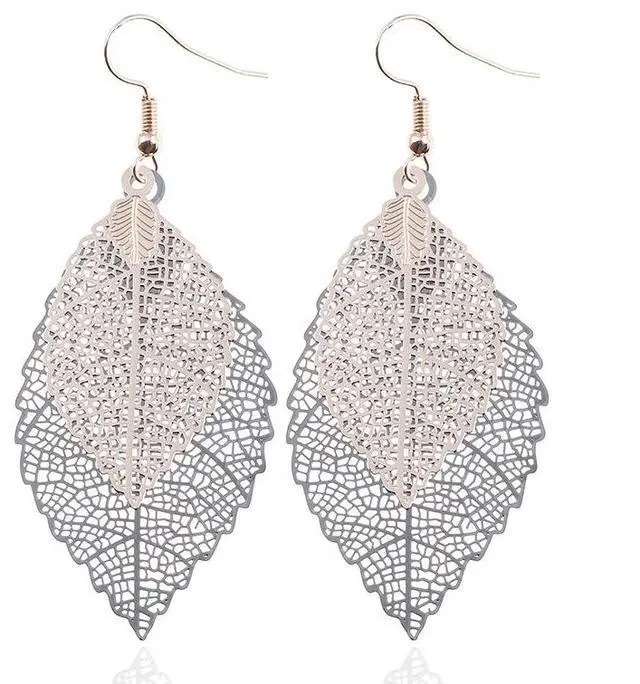 Alt view image 4 of 6 - Double-layered Leaves Tassel Earrings Simple Retro Metal Leaf-ears Ornaments (Gold Silver)