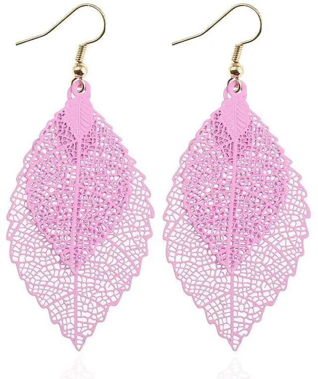 Alt view image 6 of 6 - Double-layered Leaves Tassel Earrings Simple Retro Metal Leaf-ears Ornaments (Gold Silver)