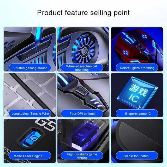 Alt view image 7 of 7 - YINDIAO G5 3200DPI 4-modes Adjustable 6-keys RGB Light Silent Wired Gaming Mouse (Black)