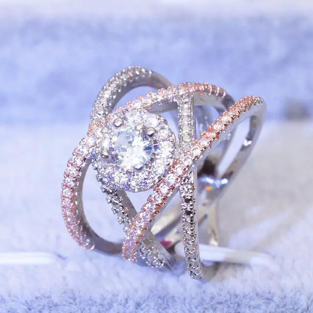 Alt view image 3 of 6 - Rose Gold-plated Color Separation Ring Creative Cross Zircon Engagement Ring (6)