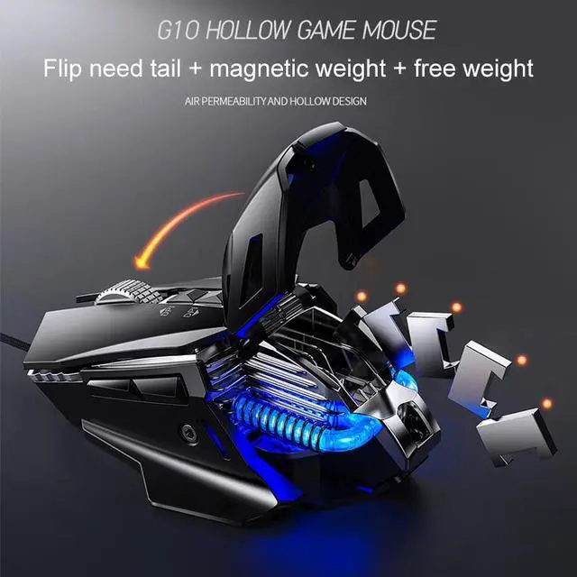 Alt view image 4 of 7 - YINDIAO G10 7200DPI 7-modes Adjustable 7-keys RGB Light Wired Metal Mechanical Hard Core Macro Mouse, Style: Audio Version (Black)
