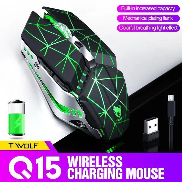 Alt view image 3 of 6 - T-WOLF Q15 6-Buttons 1600 DPI Wireless Rechargeable Mute Office Gaming Mouse with 7 Color Breathing Light (Technology Black)