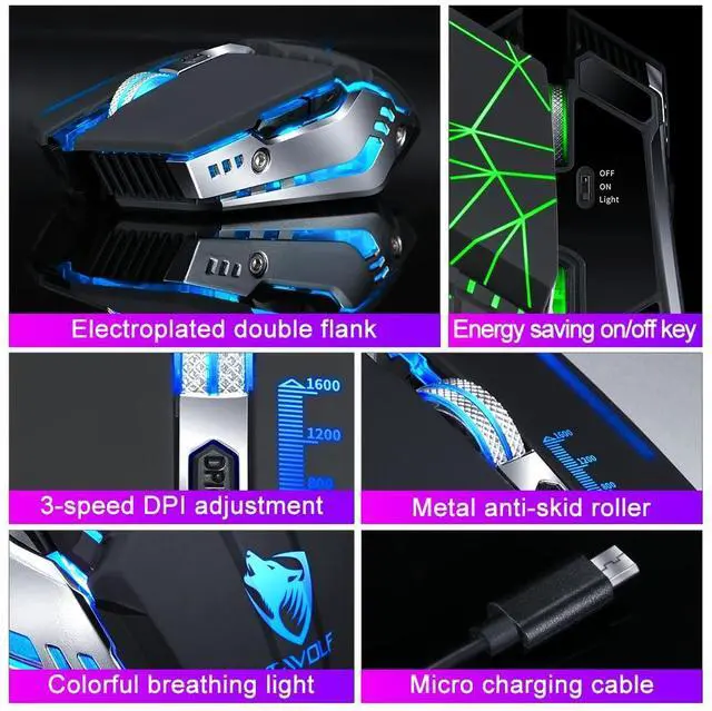 Alt view image 4 of 6 - T-WOLF Q15 6-Buttons 1600 DPI Wireless Rechargeable Mute Office Gaming Mouse with 7 Color Breathing Light (Technology Black)