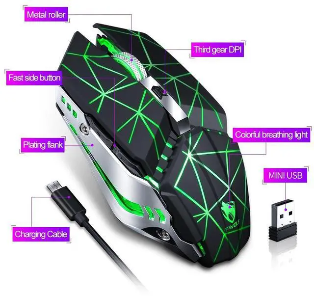 Alt view image 5 of 6 - T-WOLF Q15 6-Buttons 1600 DPI Wireless Rechargeable Mute Office Gaming Mouse with 7 Color Breathing Light (Technology Black)