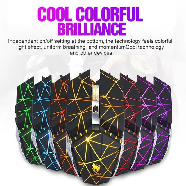 Alt view image 6 of 6 - T-WOLF Q15 6-Buttons 1600 DPI Wireless Rechargeable Mute Office Gaming Mouse with 7 Color Breathing Light (Technology Black)