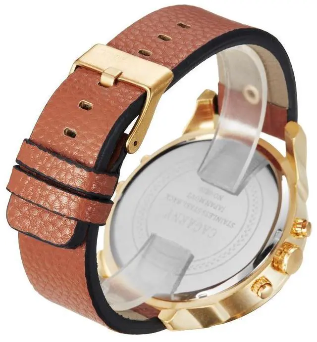 Alt view image 3 of 3 - CAGARNY 6820 Round Large Dial Leather Band Quartz Dual Movement Watch For Men (Gold Surface Dark Brown Band)