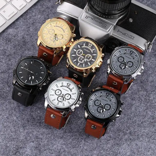 Alt view image 2 of 6 - CAGARNY 6882 Fashion Waterproof Polychromatic Metal Shell Quartz Watch with Leather Wristband (Brown Black) Style 1
