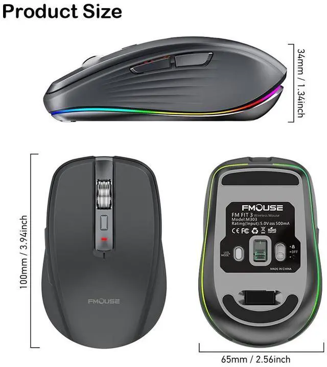 Alt view image 3 of 6 - Fmouse M303 2400DPI Bluetooth&2.4G Dual Modes Rechargeable RGB Mouse (Gray)