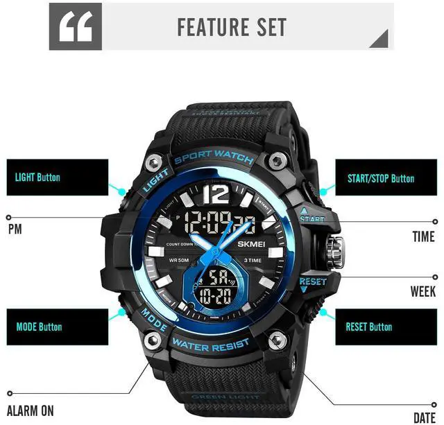 Alt view image 5 of 7 - SKMEI 1725 Three Time LED Digital Display Timing Luminous Electronic Watch (Red)