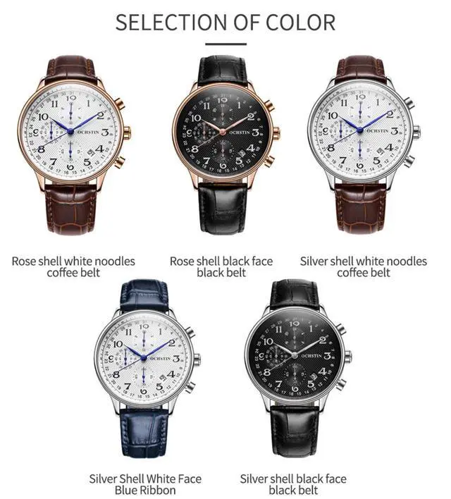 Alt view image 2 of 6 - Ochstin 6050C Multifunctional Quartz Men Leather Watch, Size:Ochstin 6050C (Rose Gold+Coffee)