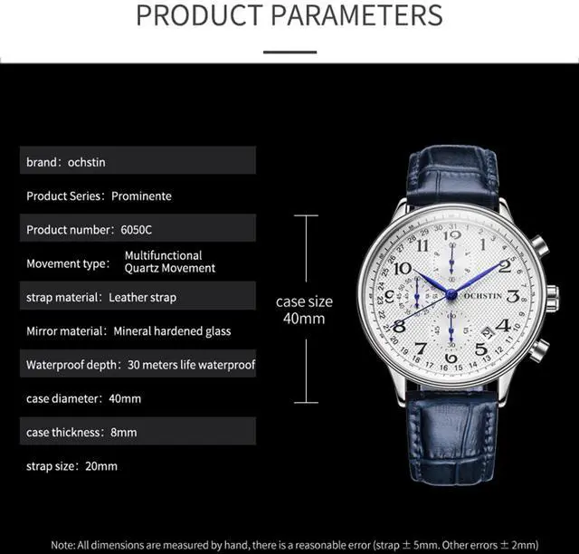 Alt view image 4 of 6 - Ochstin 6050C Multifunctional Quartz Men Leather Watch, Size:Ochstin 6050C (Rose Gold+Coffee)