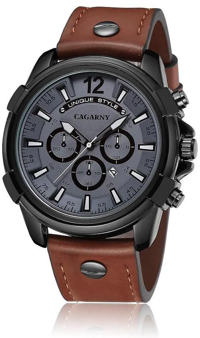 Alt view image 3 of 6 - CAGARNY 6882 Fashion Waterproof Polychromatic Metal Shell Quartz Watch with Leather Wristband (Brown Black) Style 1