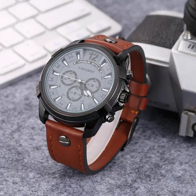 Alt view image 4 of 6 - CAGARNY 6882 Fashion Waterproof Polychromatic Metal Shell Quartz Watch with Leather Wristband (Brown Black) Style 1