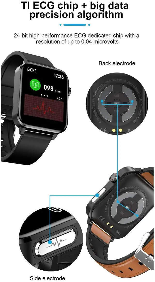 Alt view image 6 of 7 - E86 1.7 inch TFT Color Screen IP68 Waterproof Smart Watch, Support Blood Oxygen Monitoring / Body Temperature Monitoring / AI Medical Diagnosis, Style: Leather Strap (Brown)