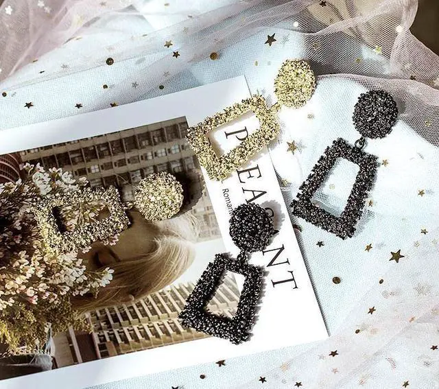 Alt view image 4 of 5 - Exaggerated Scrub Geometric Earrings Trapezoidal Long Metal Earrings (Yellow)