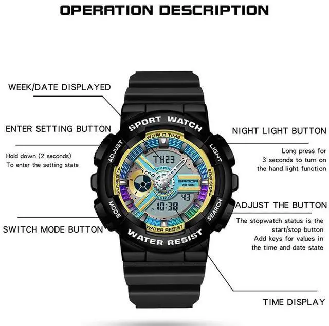 Alt view image 3 of 6 - SANDA 3137 TPU Strap Luminous Waterproof Dual Display Electronic Watch (Multicolor)