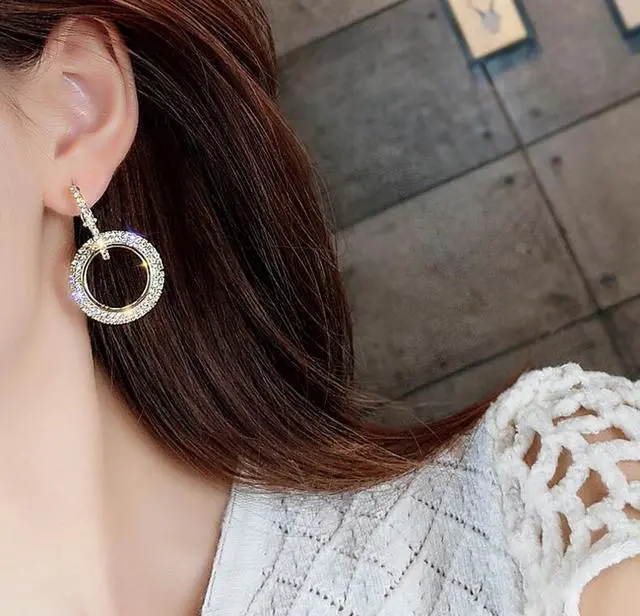 Alt view image 3 of 4 - Rhinestone Crystal Earrings Round Earrings for Woman (Gold)