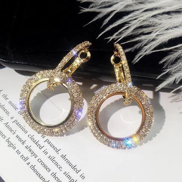 Alt view image 4 of 4 - Rhinestone Crystal Earrings Round Earrings for Woman (Gold)