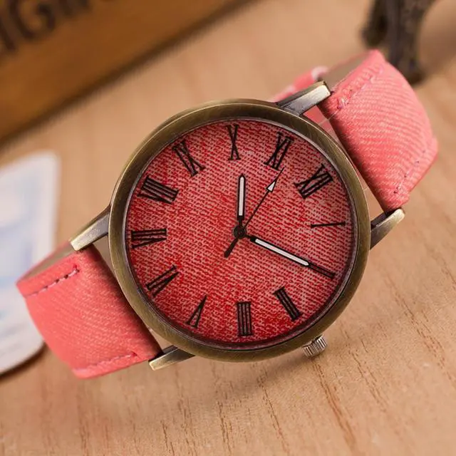 Alt view image 6 of 6 - Denim Texture Style Round Dial Retro Digital Display Women & Men Quartz Watch with PU Leather Band (Yellow)