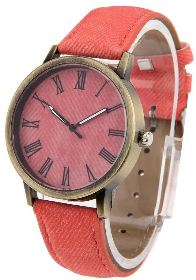 Alt view image 2 of 6 - Denim Texture Style Round Dial Retro Digital Display Women & Men Quartz Watch with PU Leather Band (Yellow)