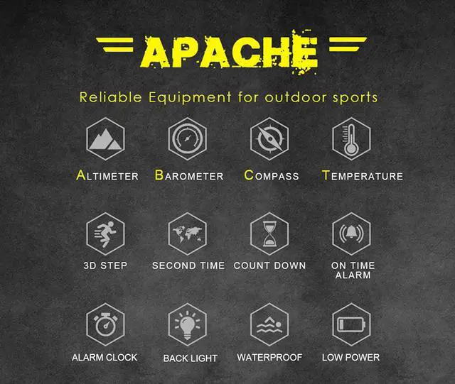Alt view image 5 of 7 - Apache Smart Watch Altimeter Barometer Compass Temperature Display 50m Waterproof Outdoor Sport Digital Watch
