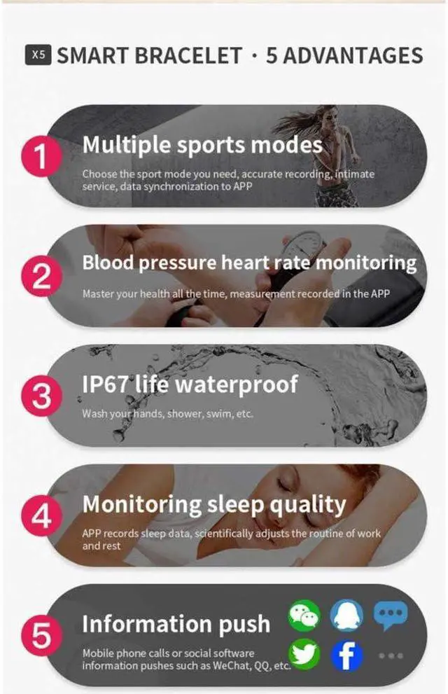 Alt view image 5 of 6 - Smart Wristband Original Sport Smart Bracelet X5 Waterproof Fitness Tracker Heart Rate Blood Pressure Monitor Fitness Bracelet Activity Tracker