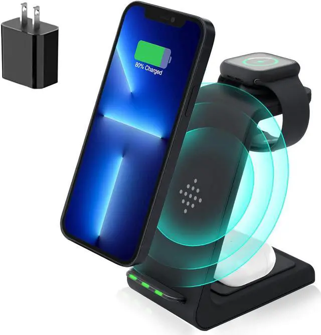 Main image of Wireless Charging Stand, Muleug 3 in 1 Wireless Charger Charging Station Dock for Apple Watch 7 SE 6 5 4 3 2, Airpods Pro, iPhone 13Pro Max/13 Pro/13/12/11/11 Pro/X/Xr/Xs/8 Plus (with QC3.0 Adapter)