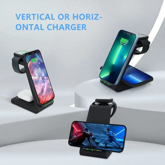 Alt view image 3 of 6 - Wireless Charging Stand, Muleug 3 in 1 Wireless Charger Charging Station Dock for Apple Watch 7 SE 6 5 4 3 2, Airpods Pro, iPhone 13Pro Max/13 Pro/13/12/11/11 Pro/X/Xr/Xs/8 Plus (with QC3.0 Adapter)