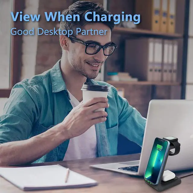 Alt view image 5 of 6 - Wireless Charging Stand, Muleug 3 in 1 Wireless Charger Charging Station Dock for Apple Watch 7 SE 6 5 4 3 2, Airpods Pro, iPhone 13Pro Max/13 Pro/13/12/11/11 Pro/X/Xr/Xs/8 Plus (with QC3.0 Adapter)