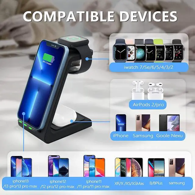 Alt view image 6 of 6 - Wireless Charging Stand, Muleug 3 in 1 Wireless Charger Charging Station Dock for Apple Watch 7 SE 6 5 4 3 2, Airpods Pro, iPhone 13Pro Max/13 Pro/13/12/11/11 Pro/X/Xr/Xs/8 Plus (with QC3.0 Adapter)