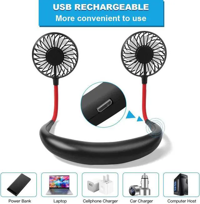 Alt view image 2 of 6 - Portable Neck Hanging Fan,USB Mini Hand Free Wearable LED Fan Neckband Sport Fan With light USB Desktop Fan,3 Speeds,360 Degree Adjustment for Kids, Home Office Outdoor Travel …