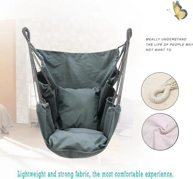 Alt view image 2 of 7 - Chair Swing Hanging Hammock Chair with Pillow,Indoor & Outdoor Hanging Rope Swing Canvas Chair,Maximum Load 440 lb, Cotton Weave Hammock Chair for Patio, Porch, Bedroom