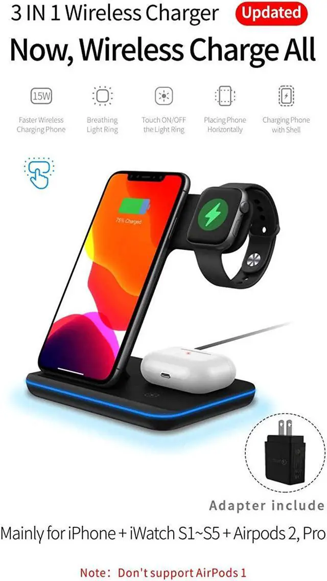 Alt view image 2 of 7 - Upgraded/Qi All Wireless Charging Stand, Station for Apple Watch 5 4 3 2, Airpods, iPhone All Qi Enabled Phones (with AC Adapter)