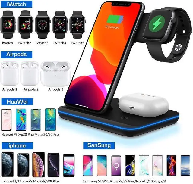 Alt view image 7 of 7 - Upgraded/Qi All Wireless Charging Stand, Station for Apple Watch 5 4 3 2, Airpods, iPhone All Qi Enabled Phones (with AC Adapter)