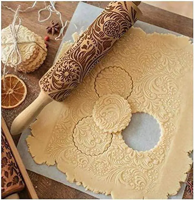Main image of Embossed Rolling Pins for Christmas,3D Paisley Pattern Flower Snowflake rattan Wooden Roll Pin Laser Engraved Rolling Pin DIY Tool,Rolling Pin for Kids and Adults to Make Cookie Dough (355)