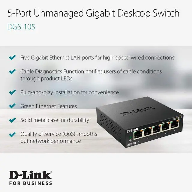 Alt view image 4 of 6 - Open.Box - D-Link 5 Port Gigabit Unmanaged Metal Desktop Ethernet Switch DGS-105