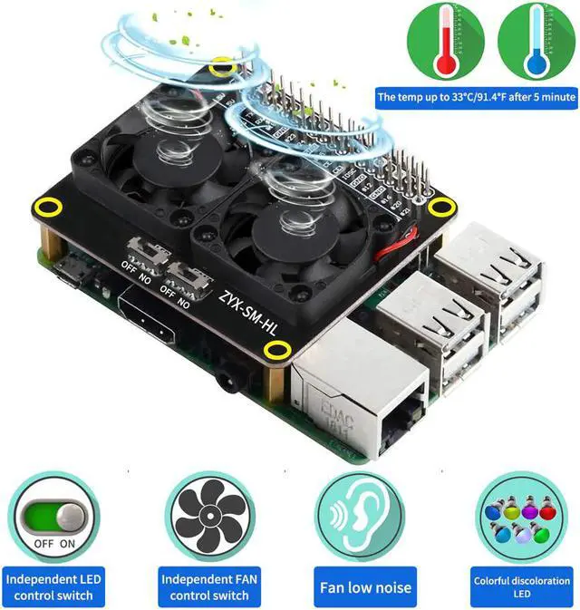 Main image of Raspberry Pi 4 Model B LED Dual Cooling Fan Automatic Discoloration GPIO Expansion Board + Switch for Raspberry Pi 4B/3B+/3B/3A+