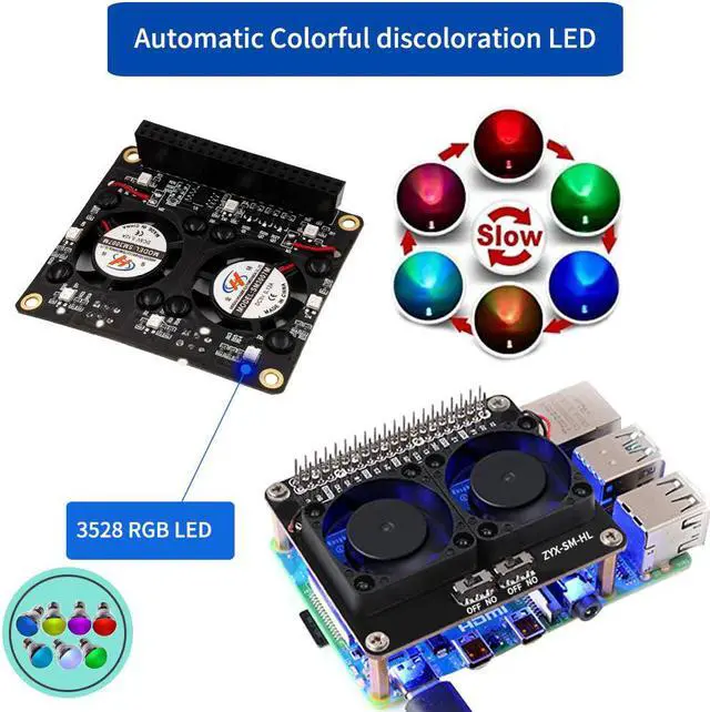 Alt view image 5 of 6 - Raspberry Pi 4 Model B LED Dual Cooling Fan Automatic Discoloration GPIO Expansion Board + Switch for Raspberry Pi 4B/3B+/3B/3A+