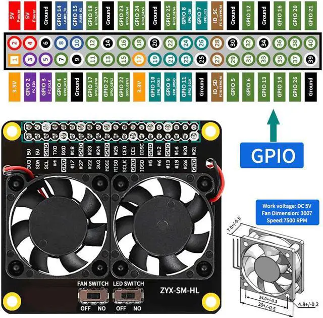 Alt view image 3 of 6 - Raspberry Pi 4 Model B LED Dual Cooling Fan Automatic Discoloration GPIO Expansion Board + Switch for Raspberry Pi 4B/3B+/3B/3A+