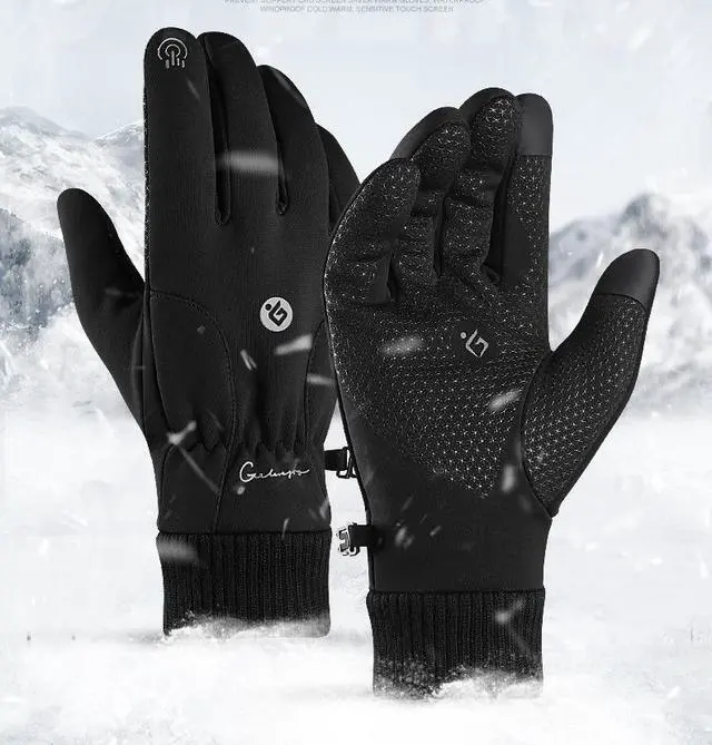 Alt view image 4 of 6 - Cycling gloves keep warm in winter, full-finger touch screen outdoor ski, motorcycle, bike, cold and windproof plus velvet equipment black