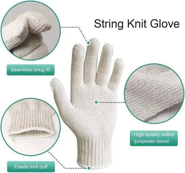 Alt view image 2 of 6 - sakose Cotton Polyester String Knit Gloves Safety Work Gloves Heavyweight for Men & Women Warehouse,Light industry,Carton handling, Construction,12pairs,Natural white,Size L
