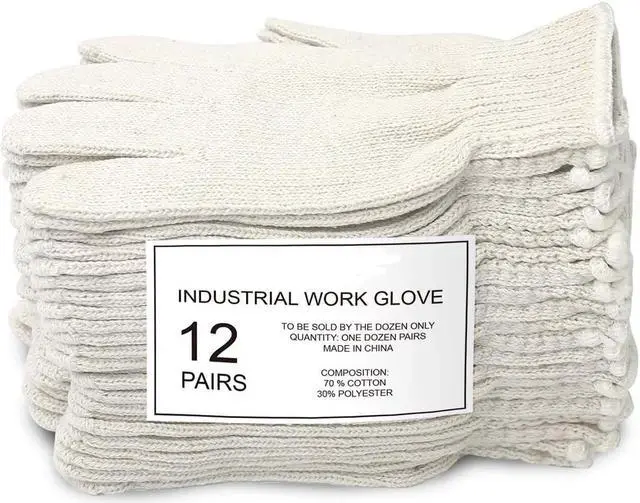 Main image of sakose Cotton Polyester String Knit Gloves Safety Work Gloves Heavyweight for Men & Women Warehouse,Light industry,Carton handling, Construction,12pairs,Natural white,Size L