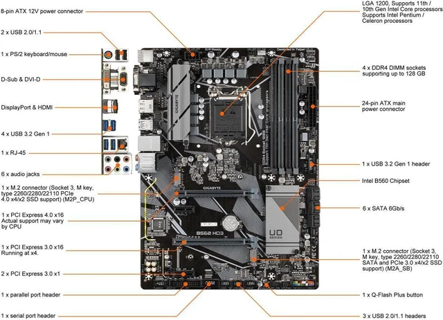 Alt view image 2 of 7 - GIGABYTE B560 HD3 LGA 1200 Intel B560 SATA 6Gb/s ATX Intel Motherboard