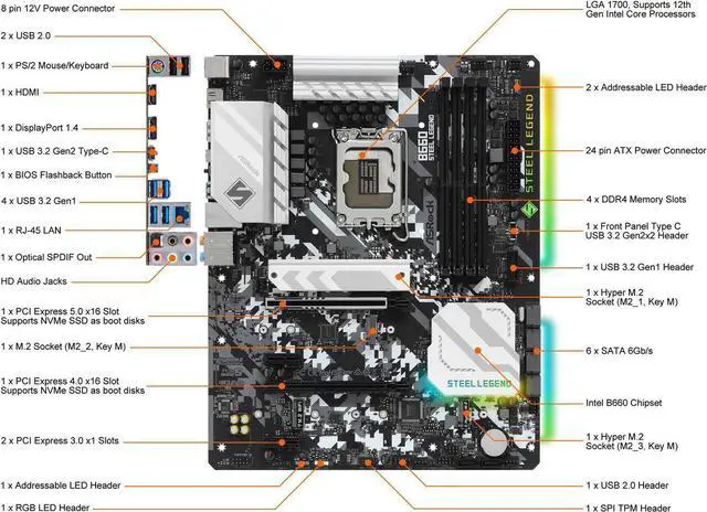 Alt view image 2 of 6 - ASRock B660 STEEL LEGEND LGA 1700 Intel B660 SATA 6Gb/s DDR4 ATX Intel Motherboard