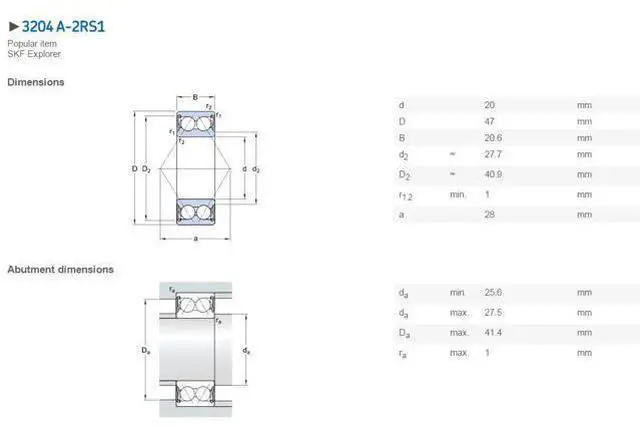 Alt view image 2 of 5 - SKF 3204 A-2RS1 Angular Contact Ball Bearings 20x47x20.6mm