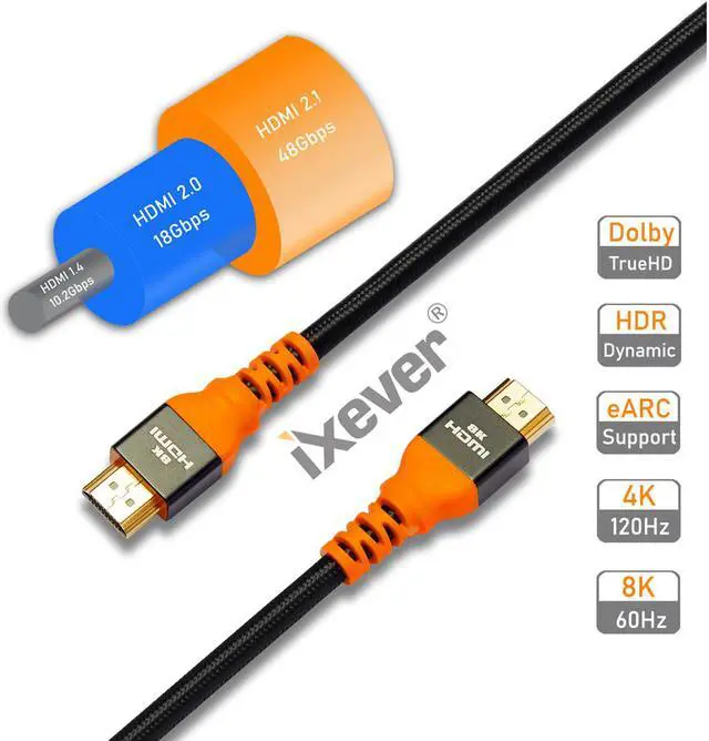 Alt view image 7 of 7 - 8K HDMI Cable 6.6Ft, IXEVER HDMI 2.1 Cable Ultra High-Speed 48Gbps [8K@120Hz] Nylon Braided Cord Support Dynamic HDR, Dolby Atmos for with Apple TV, Nintendo Switch, Xbox, PS4, Roku, Projector