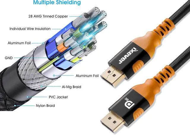 Alt view image 4 of 7 - 8K DisplayPort 1.4 Cable 6.6ft, IXEVER Ultra High Speed DisplayPort to DisplayPort Cable [4K@144Hz, 8K@60Hz] 32.4Gbps HBR3 HDR10 HDCP 2.2 Nylon Braided Cord for TV,Gaming Monitor, Projector