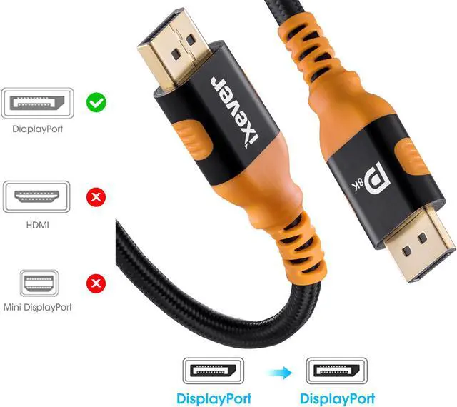 Alt view image 2 of 7 - DisplayPort to Displayport 1.4 Cable 6.6ft 8K@60Hz [2Pack], 4K@144Hz, iXever DP 1.4 Display Port Wire Cable 32.4Gbps Support HBR3 HDR10 HDCP 2.2, Nylon Braided Cord for TV,Gaming Monitor, Projector