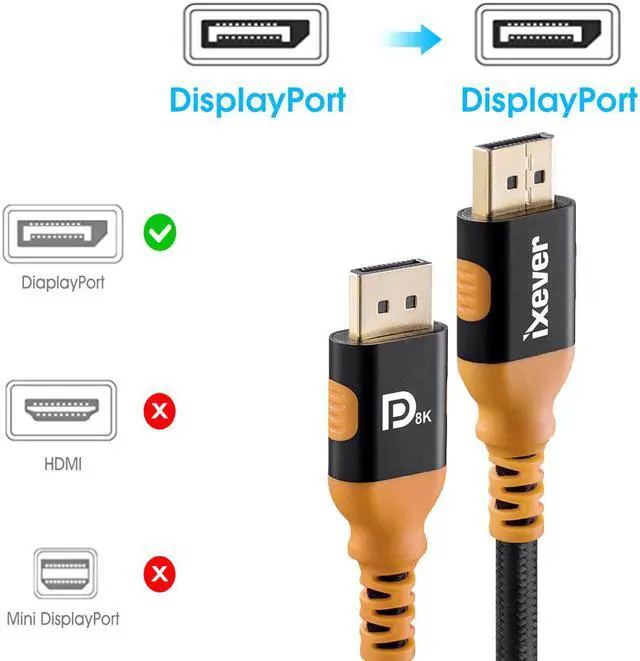 Alt view image 7 of 7 - 8K DisplayPort 1.4 Cable 6.6ft, IXEVER Ultra High Speed DisplayPort to DisplayPort Cable [4K@144Hz, 8K@60Hz] 32.4Gbps HBR3 HDR10 HDCP 2.2 Nylon Braided Cord for TV,Gaming Monitor, Projector